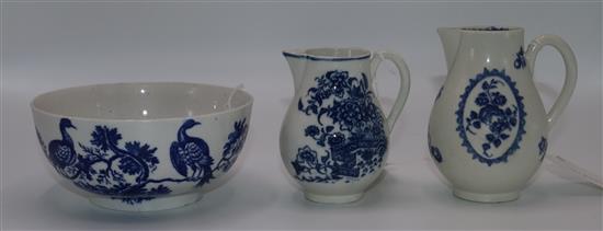 Worcester Birds in Branches pattern slops bowl, a Fence pattern sparrowbeak jug and a similar Fruit and Wreath jug